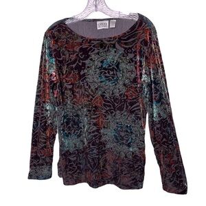 Chico’s Design | Multicolor Velvet Floral Burnout Long Sleeve Top, Sz 1 (Medium)